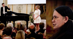 Til venstre:  Marita Sølberg, akkompagnert av pianist John Lidal. Til h: Foredragsholder Sunetra Gupta. Foto: Scanpix
