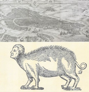 Øverst: View of Venice (1500), Jacopo de Barbari, The British Museum. Nedest: Man-Pig, Ambroise Paré, Des monstres et prodiges (1573)